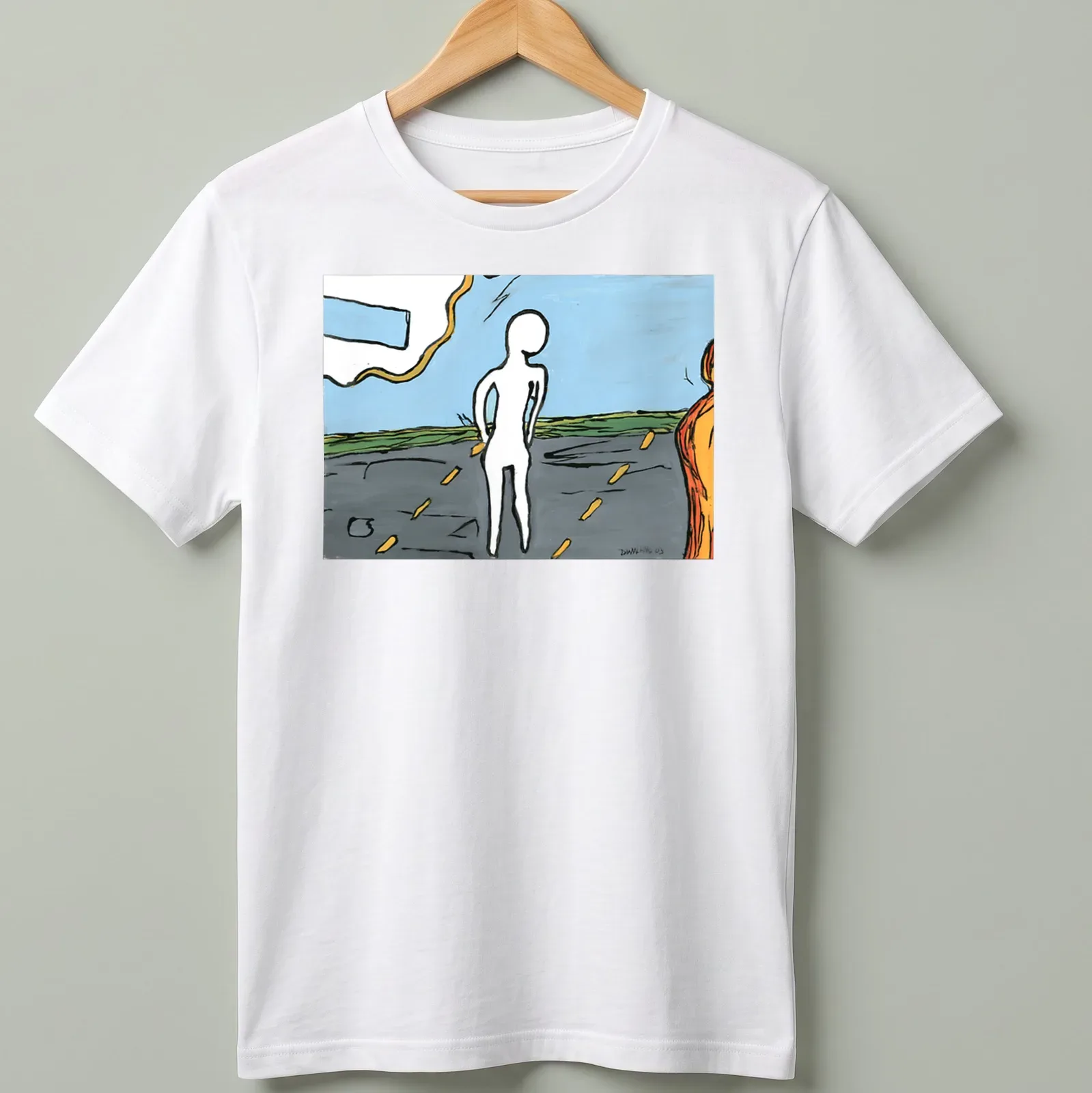 Colorful abstract illustration featuring the word 'Soon' with fluid shapes — printed on a unisex t-shirt
