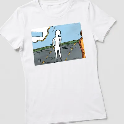 Colorful abstract illustration featuring the word 'Soon' with fluid shapes — printed on a women's shirt