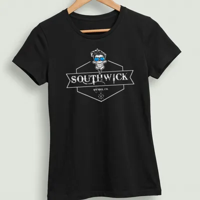 Graphic t-shirt featuring a skull with sunglasses and the text 'SOUR WICK' in bold lettering. — printed on a women's shirt