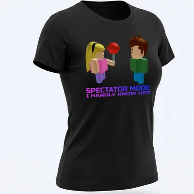Roblox-themed t-shirt with colorful 3D cartoon characters and humorous text — printed on a women's shirt