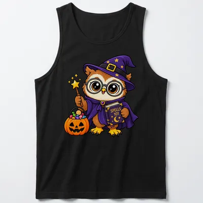 Cute cartoon owl witch with text 'Spells 101' in Halloween colors — printed on a tank top