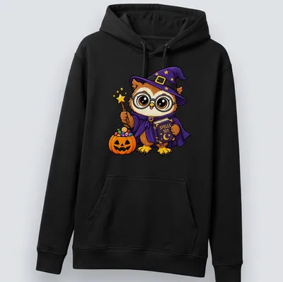 Cute cartoon owl witch with text 'Spells 101' in Halloween colors — printed on a unisex hoodie