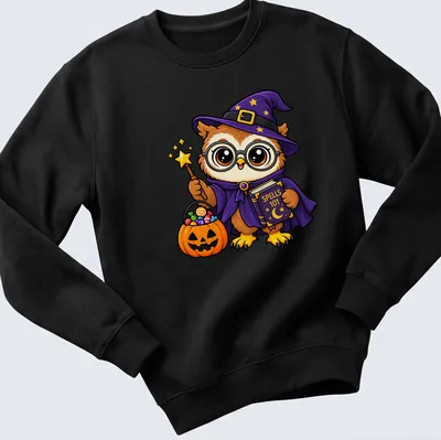 Cute cartoon owl witch with text 'Spells 101' in Halloween colors — printed on a unisex sweatshirt