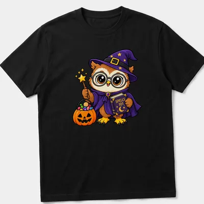 Cute cartoon owl witch with text 'Spells 101' in Halloween colors