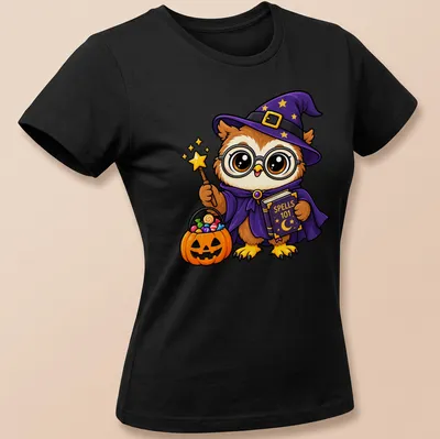 Cute cartoon owl witch with text 'Spells 101' in Halloween colors — printed on a women's shirt