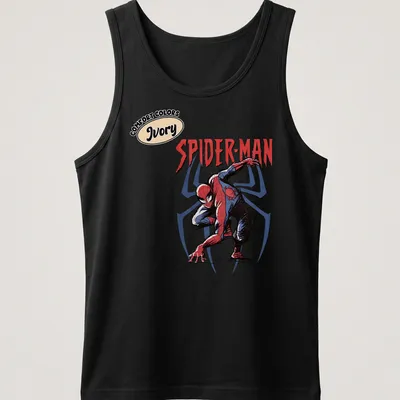 Vintage comic style Spider-Man graphic in red, blue, black, and ivory — printed on a tank top