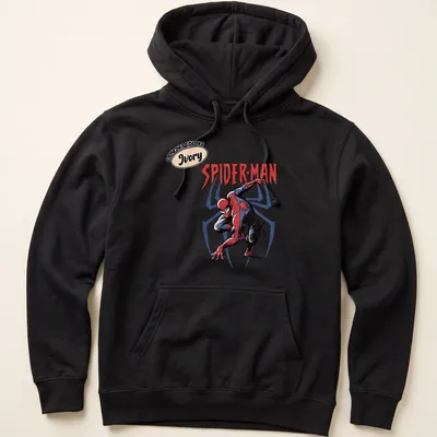Vintage comic style Spider-Man graphic in red, blue, black, and ivory — printed on a unisex hoodie