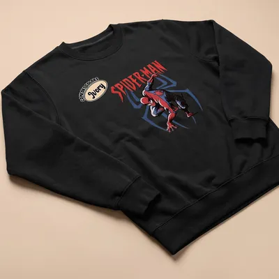 Vintage comic style Spider-Man graphic in red, blue, black, and ivory — printed on a unisex sweatshirt