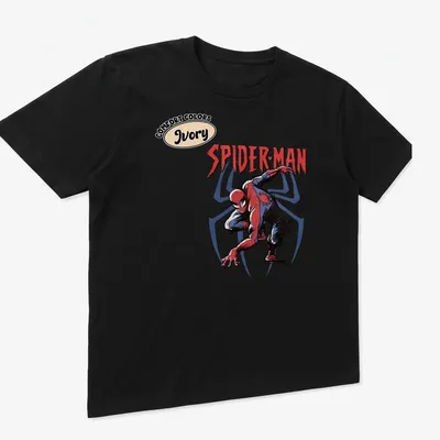 Vintage comic style Spider-Man graphic in red, blue, black, and ivory — printed on a unisex t-shirt (angled view)