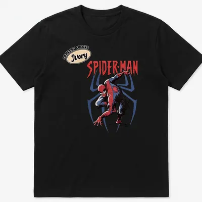 Vintage comic style Spider-Man graphic in red, blue, black, and ivory