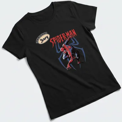 Vintage comic style Spider-Man graphic in red, blue, black, and ivory — printed on a women's shirt