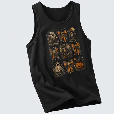 Vintage nautical Halloween design featuring ghost ship, skull, witch, and octopus — printed on a tank top
