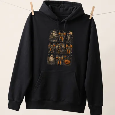 Vintage nautical Halloween design featuring ghost ship, skull, witch, and octopus — printed on a unisex hoodie