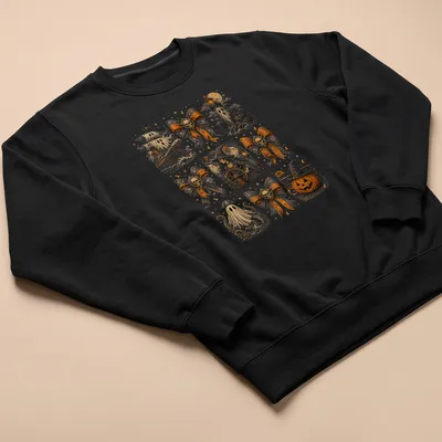 Vintage nautical Halloween design featuring ghost ship, skull, witch, and octopus — printed on a unisex sweatshirt
