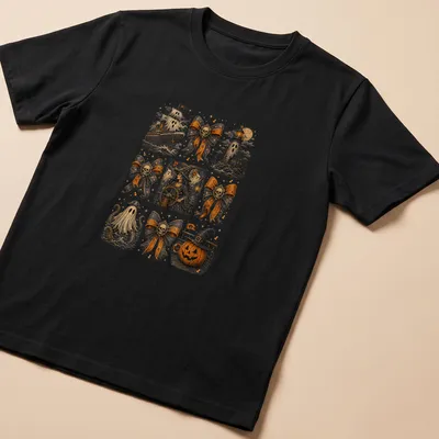 Vintage nautical Halloween design featuring ghost ship, skull, witch, and octopus