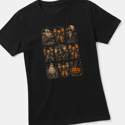 Vintage nautical Halloween design featuring ghost ship, skull, witch, and octopus — printed on a women's shirt