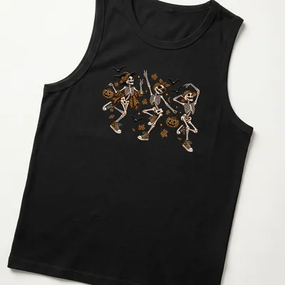 Colorful cartoon design of dancing skeletons in leopard print for Halloween — printed on a tank top