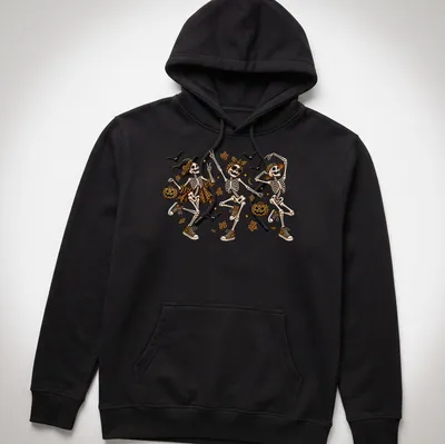 Colorful cartoon design of dancing skeletons in leopard print for Halloween — printed on a unisex hoodie