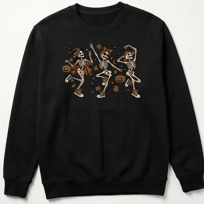 Colorful cartoon design of dancing skeletons in leopard print for Halloween — printed on a unisex sweatshirt