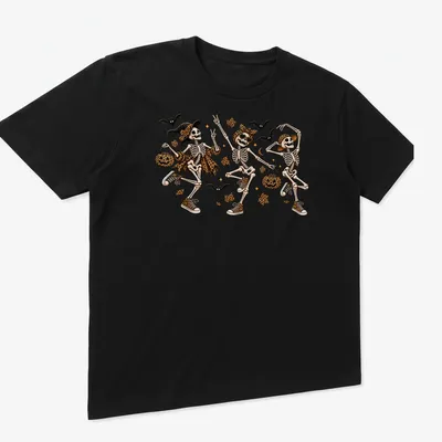 Colorful cartoon design of dancing skeletons in leopard print for Halloween — printed on a unisex t-shirt (angled view)