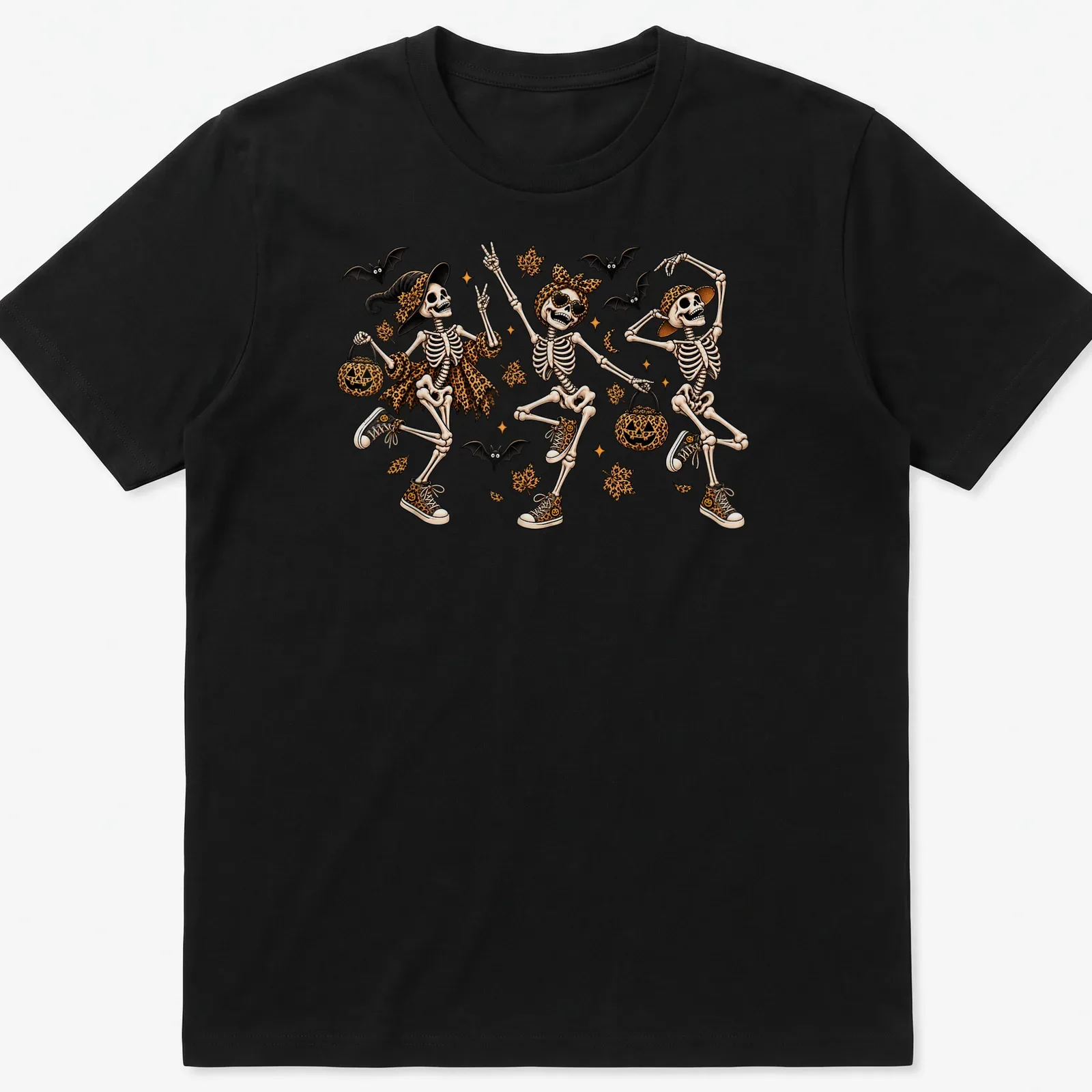 Colorful cartoon design of dancing skeletons in leopard print for Halloween — printed on a unisex t-shirt