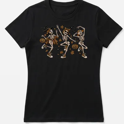 Colorful cartoon design of dancing skeletons in leopard print for Halloween — printed on a women's shirt