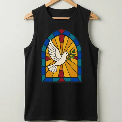 Stained glass design of a dove holding an olive branch in various colors — printed on a tank top