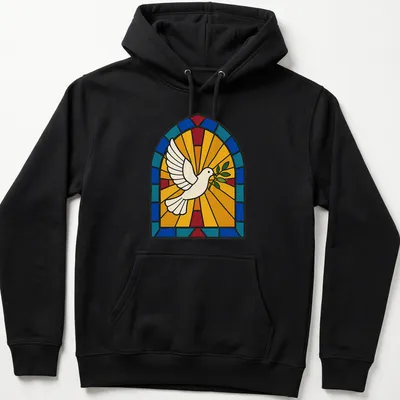 Stained glass design of a dove holding an olive branch in various colors — printed on a unisex hoodie