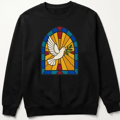 Stained glass design of a dove holding an olive branch in various colors — printed on a unisex sweatshirt