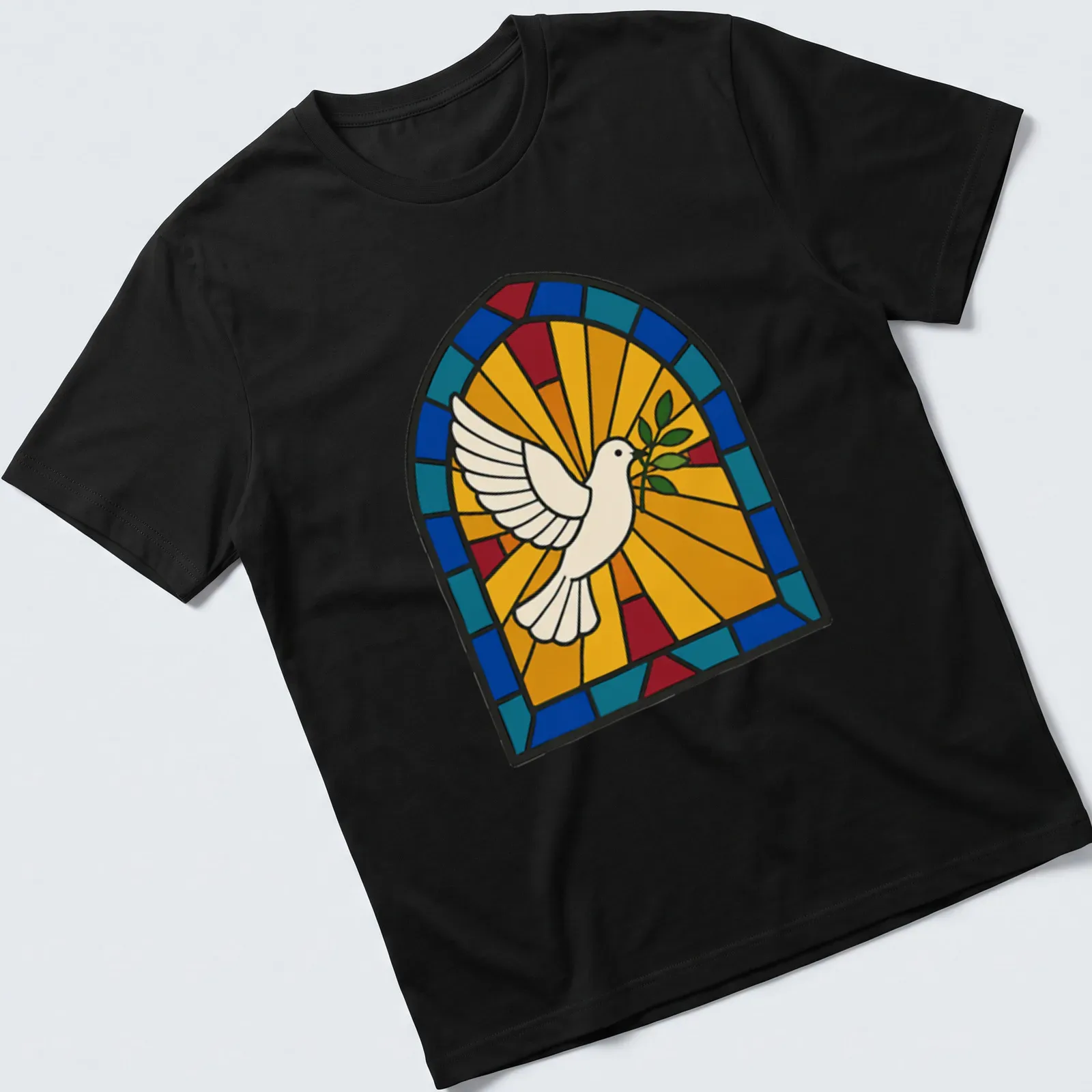 Stained glass design of a dove holding an olive branch in various colors — printed on a unisex t-shirt
