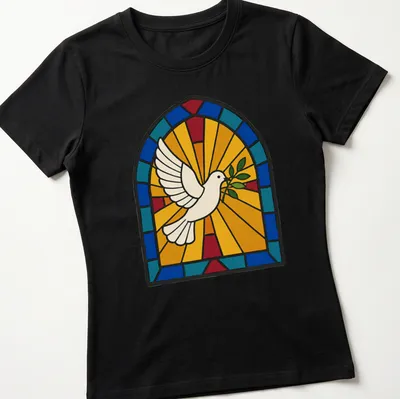 Stained glass design of a dove holding an olive branch in various colors — printed on a women's shirt