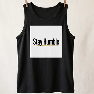 Minimalist Stay Humble t-shirt with black and gold typography — printed on a tank top