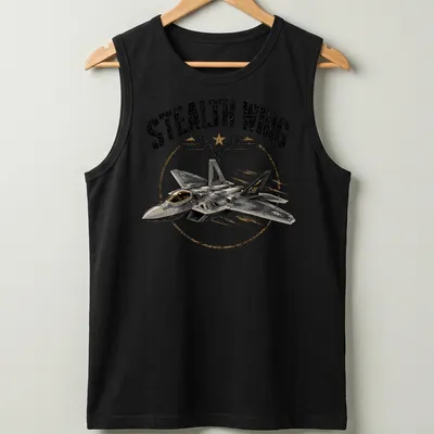 Vintage distressed F-22 fighter jet graphic with 'Stealth Wing' text — printed on a tank top