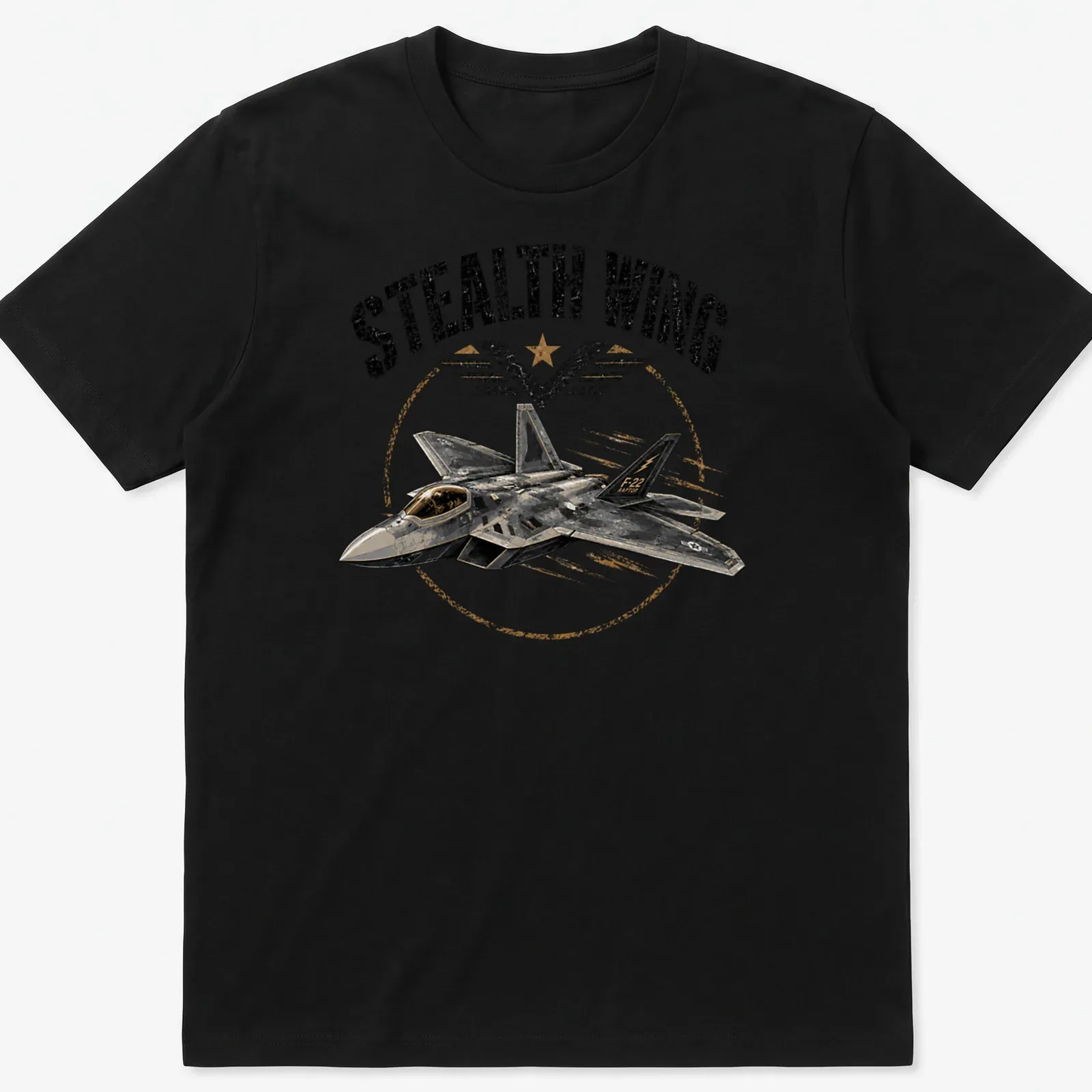 Vintage distressed F-22 fighter jet graphic with 'Stealth Wing' text — printed on a unisex t-shirt