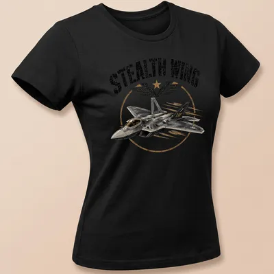 Vintage distressed F-22 fighter jet graphic with 'Stealth Wing' text — printed on a women's shirt