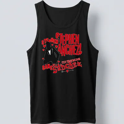 Bold graphic tee featuring a silhouette of Stephen Sanchez and striking text in red, black, and white. — printed on a tank top