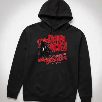 Bold graphic tee featuring a silhouette of Stephen Sanchez and striking text in red, black, and white. — printed on a unisex hoodie