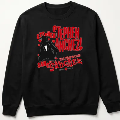 Bold graphic tee featuring a silhouette of Stephen Sanchez and striking text in red, black, and white. — printed on a unisex sweatshirt