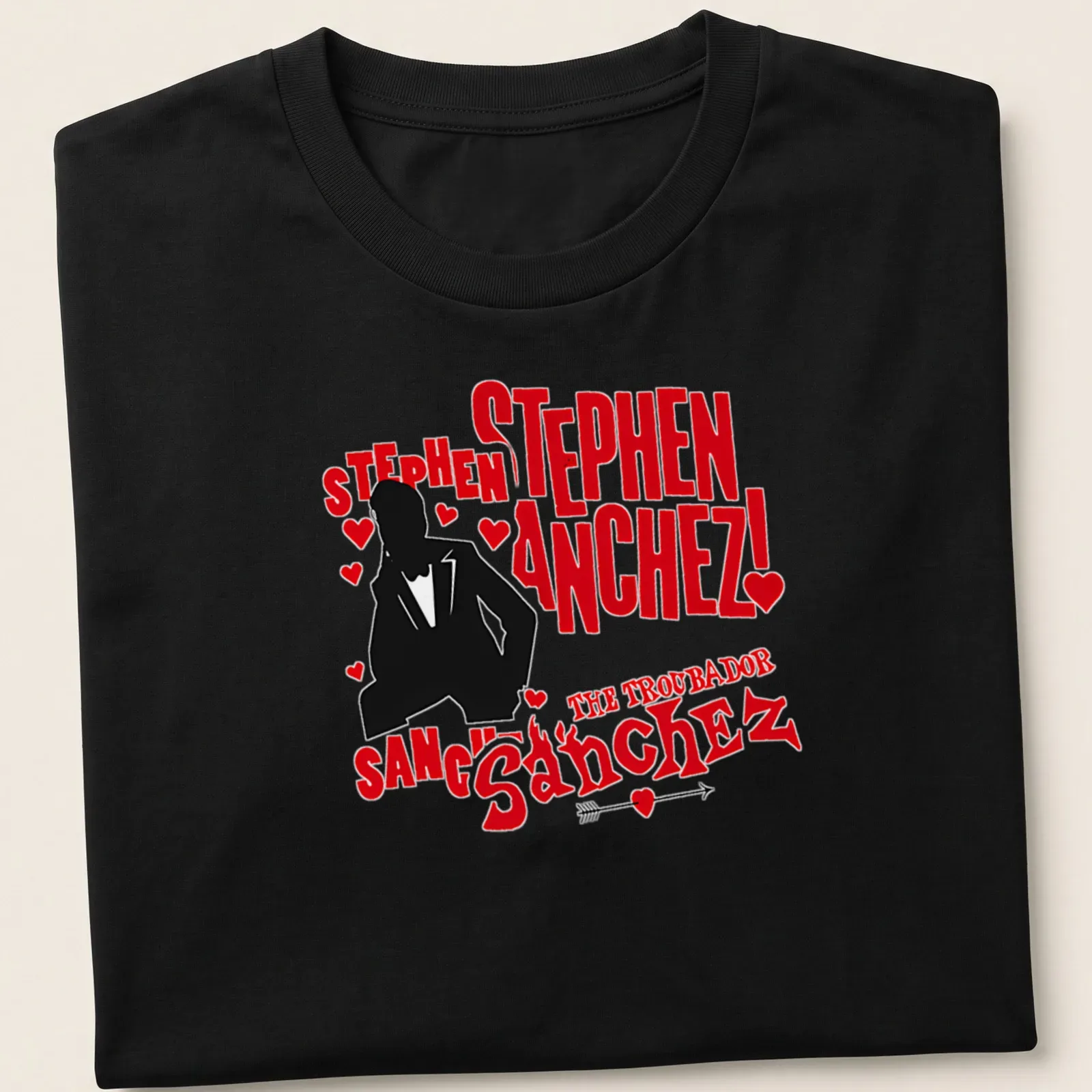 Bold graphic tee featuring a silhouette of Stephen Sanchez and striking text in red, black, and white. — printed on a unisex t-shirt