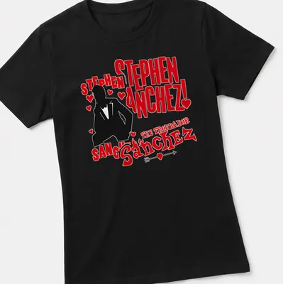Bold graphic tee featuring a silhouette of Stephen Sanchez and striking text in red, black, and white. — printed on a women's shirt