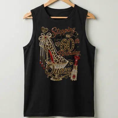 Glamorous t-shirt celebrating a 60th birthday with a high heel shoe and rhinestones. — printed on a tank top
