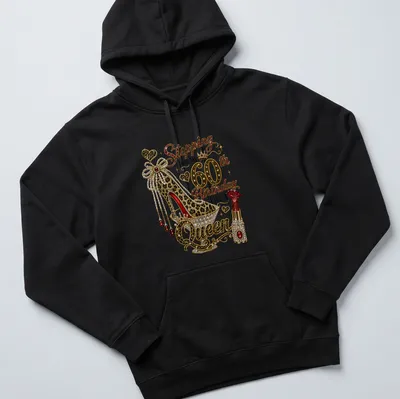 Glamorous t-shirt celebrating a 60th birthday with a high heel shoe and rhinestones. — printed on a unisex hoodie