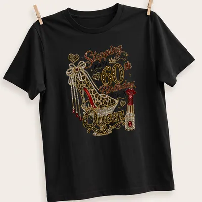 Glamorous t-shirt celebrating a 60th birthday with a high heel shoe and rhinestones.