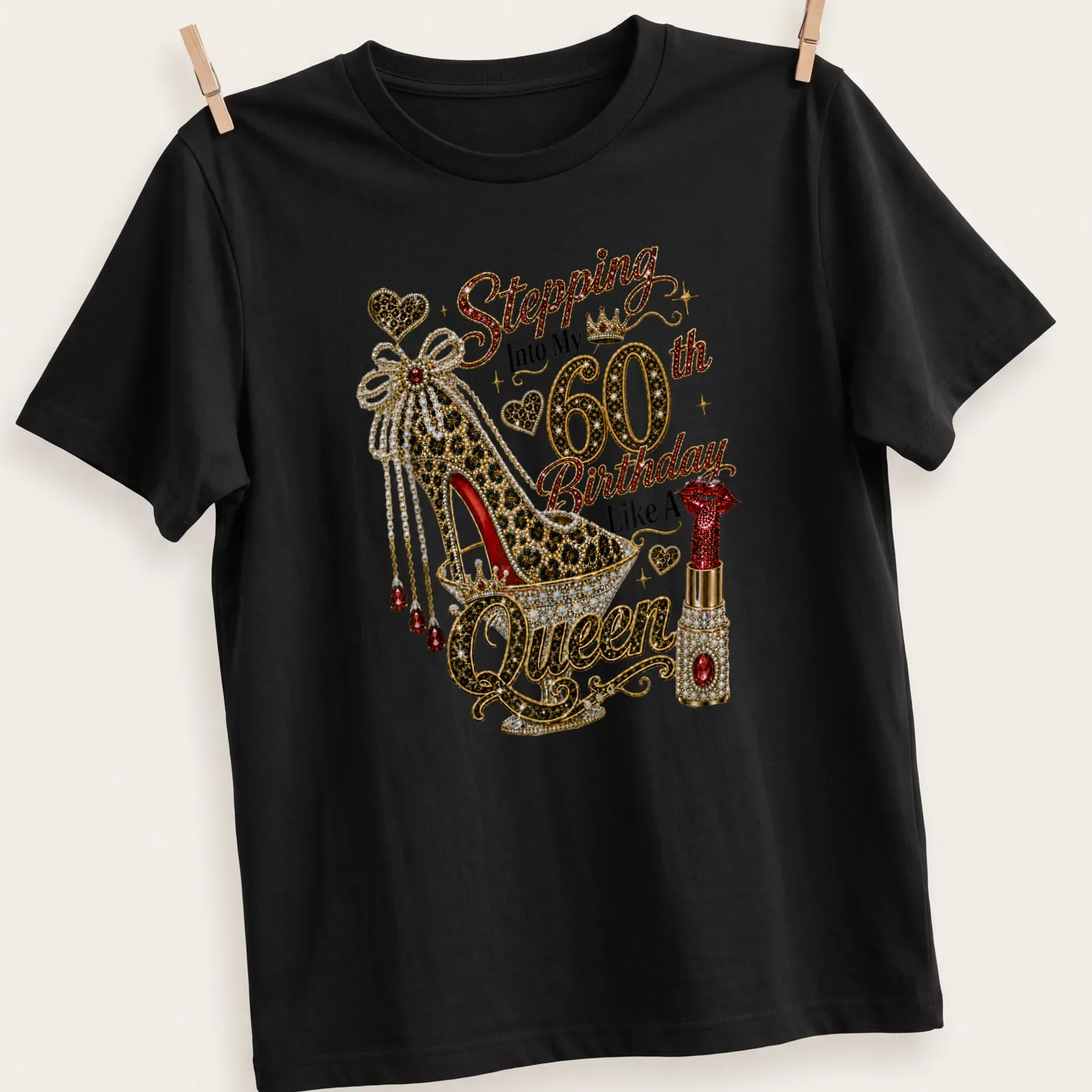 Glamorous t-shirt celebrating a 60th birthday with a high heel shoe and rhinestones. — printed on a unisex t-shirt