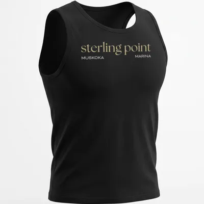Minimalist design with the text 'sterling point' on a beige background — printed on a tank top