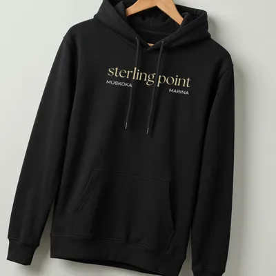 Minimalist design with the text 'sterling point' on a beige background — printed on a unisex hoodie