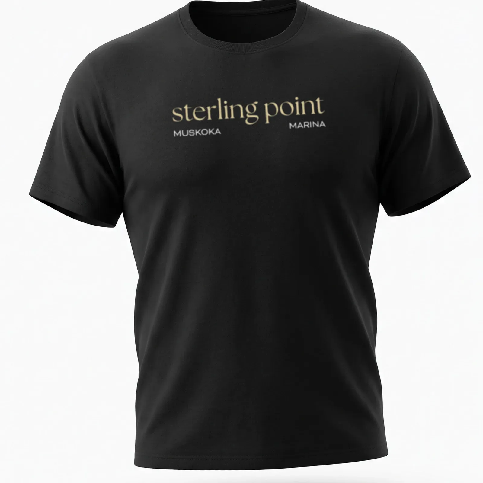 Minimalist design with the text 'sterling point' on a beige background — printed on a unisex t-shirt