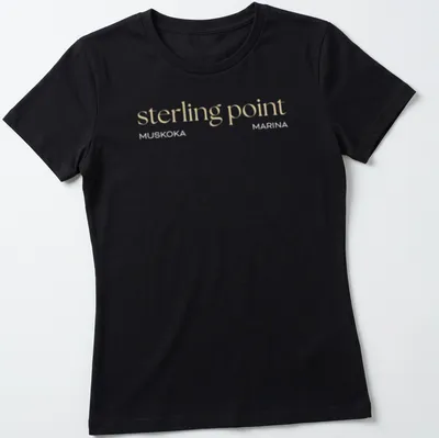 Minimalist design with the text 'sterling point' on a beige background — printed on a women's shirt