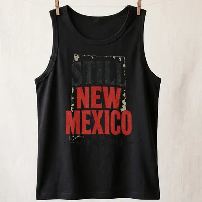 Vintage distressed t-shirt featuring the phrase 'Still New Mexico Not For Rebrand' in bold lettering. — printed on a tank top