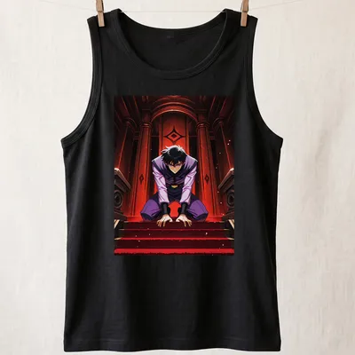 Stylized manga character in dark gothic illustration with red and black motifs — printed on a tank top